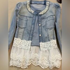 Pearl Embellished Denim Jacket with Lace Trim